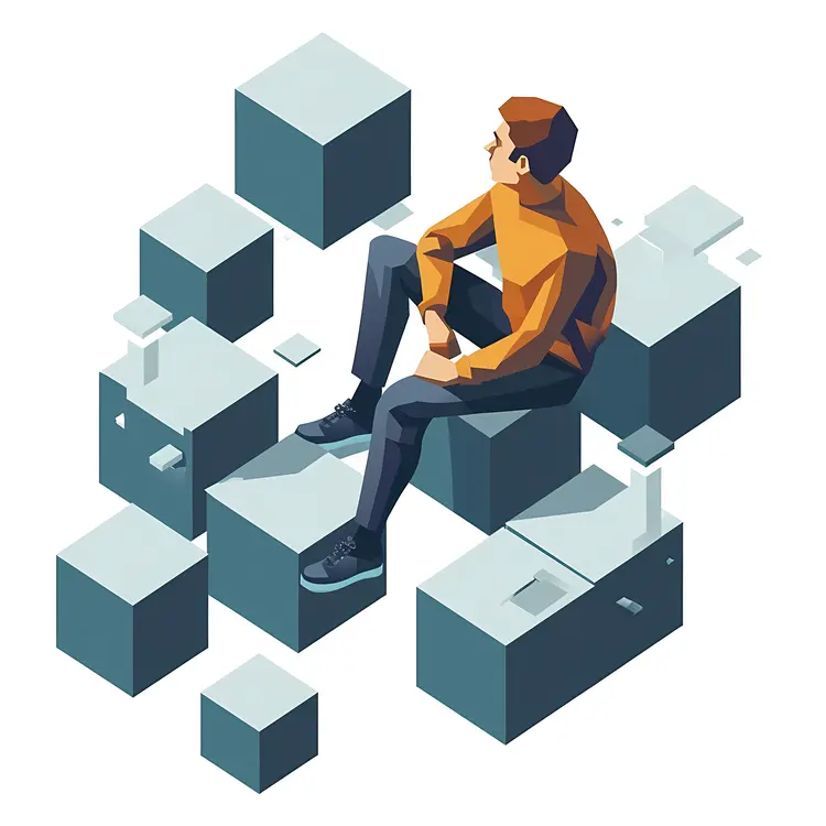 Thinking Man Sitting on Cubes