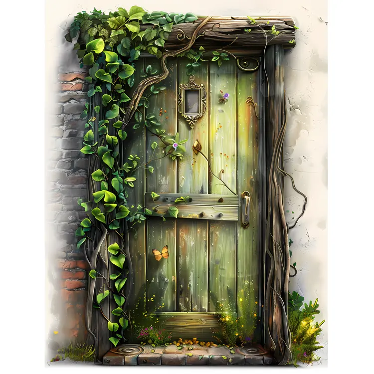 Green Door with Vines in a Rustic Setting