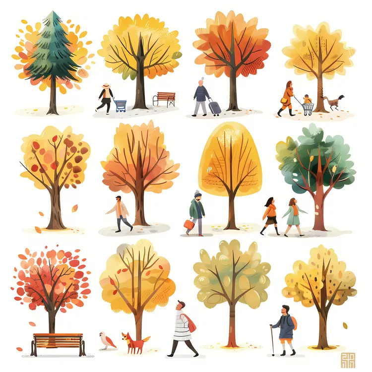 People Strolling in Autumn Park