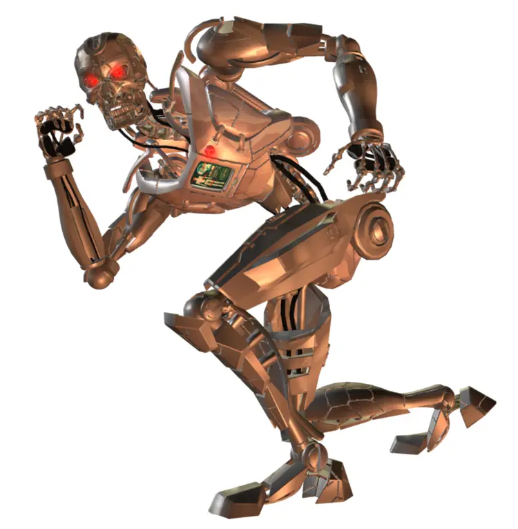 Running Metallic Robot with Red Eyes