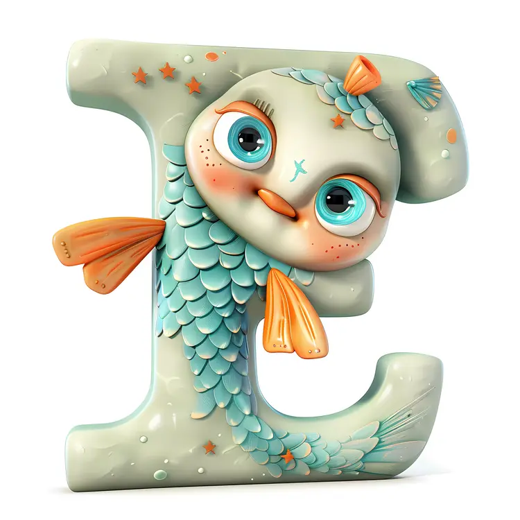 Cute Blue Letter E with Fish