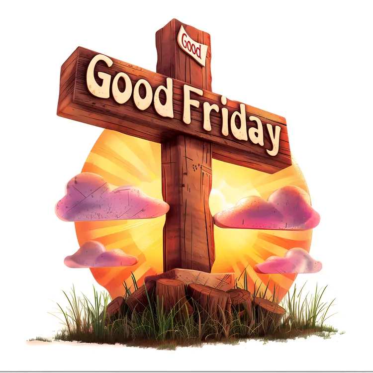 Wooden Cross with Good Friday Text and Sunset Background