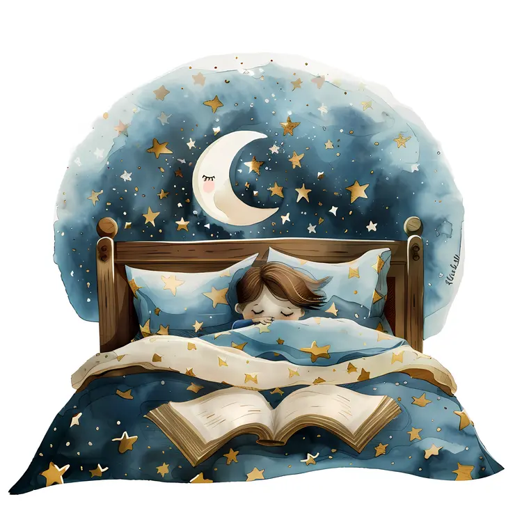 Sleeping Child in Bed with Moon and Stars