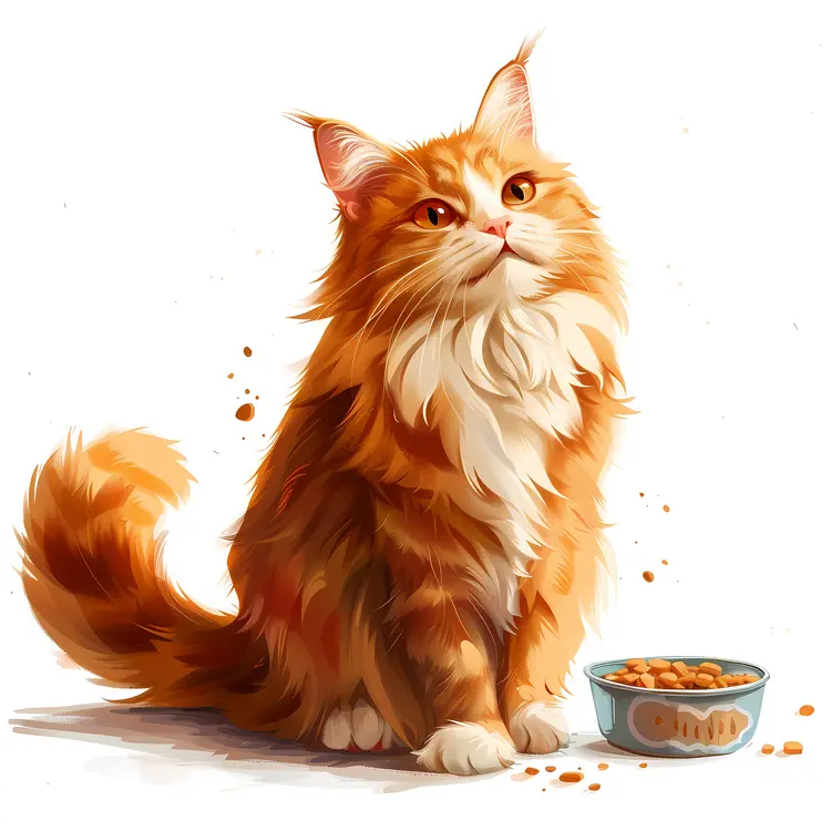 Happy Orange Kitten with Food Bowl