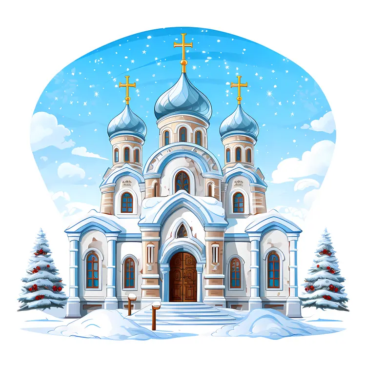 Snowy Church with Blue Domes