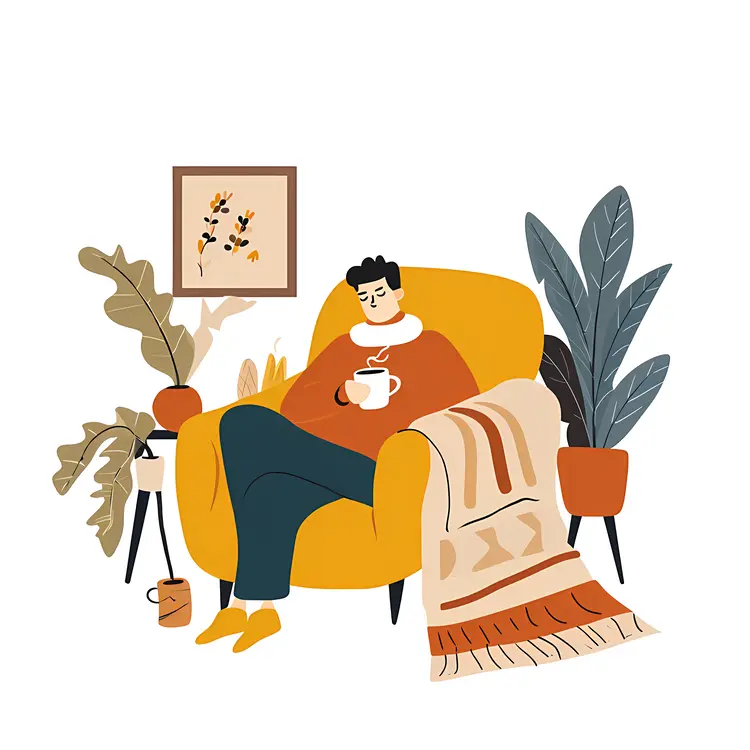Cozy Man with Cup and Plants