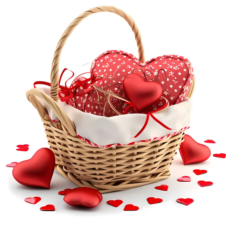 Basket of Heart-shaped Cushions with Red Hearts
