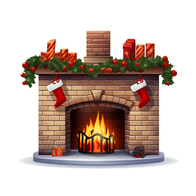 Decorated Fireplace with Stockings and Gifts