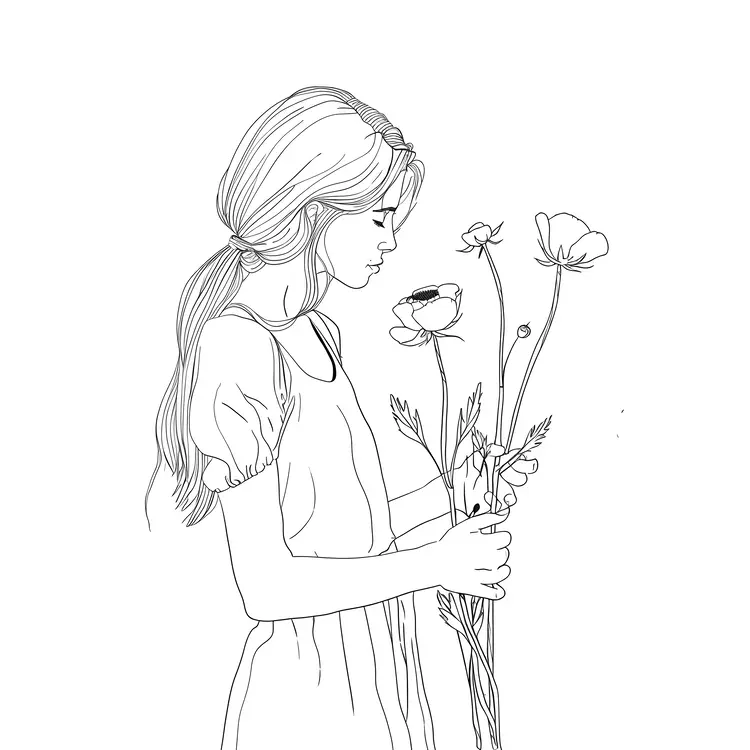 Girl Holding Flowers Line Drawing