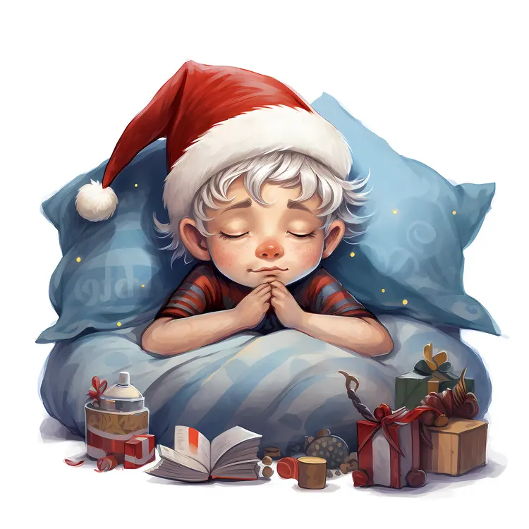 Sleeping Child with Santa Hat and Gifts