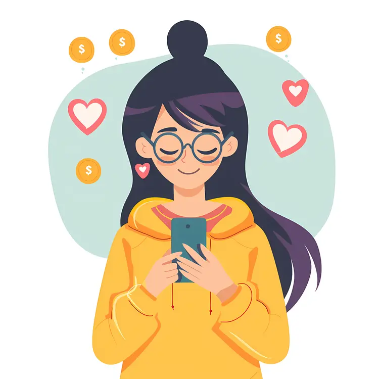 Girl with Phone and Hearts