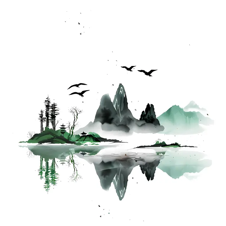 Serene Mountain Landscape with Birds