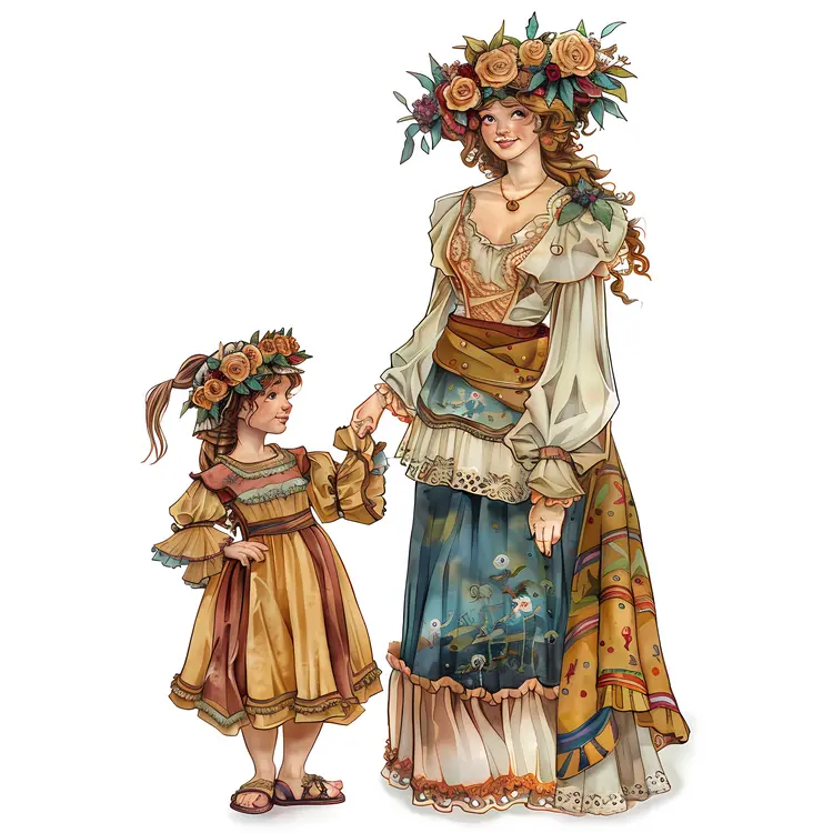 Women in Traditional Dresses with Floral Crowns