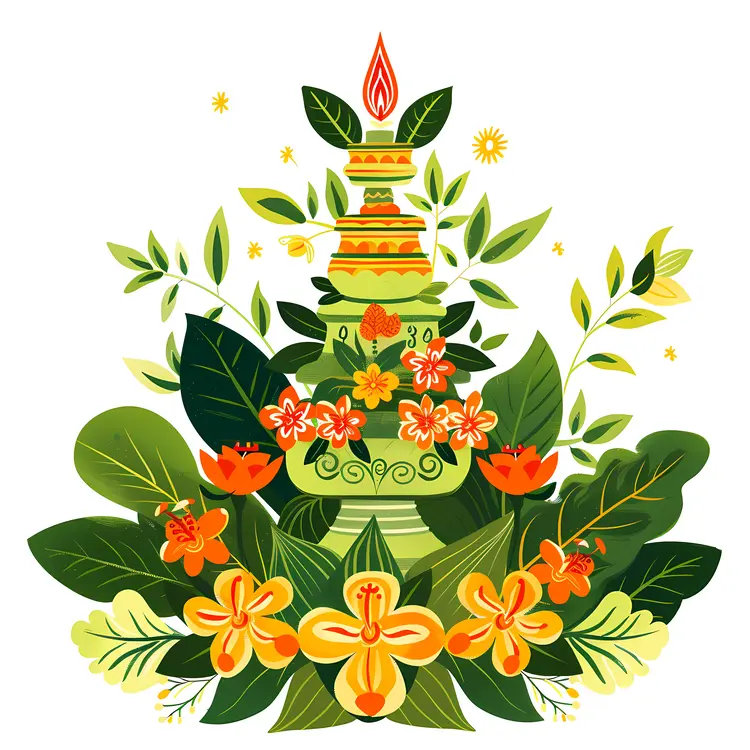 Green Candle with Floral Arrangement and Leaves