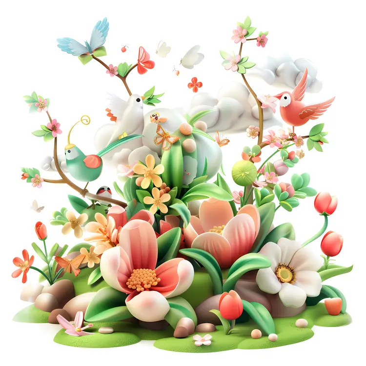 Floral Arrangement with Birds in Spring Garden
