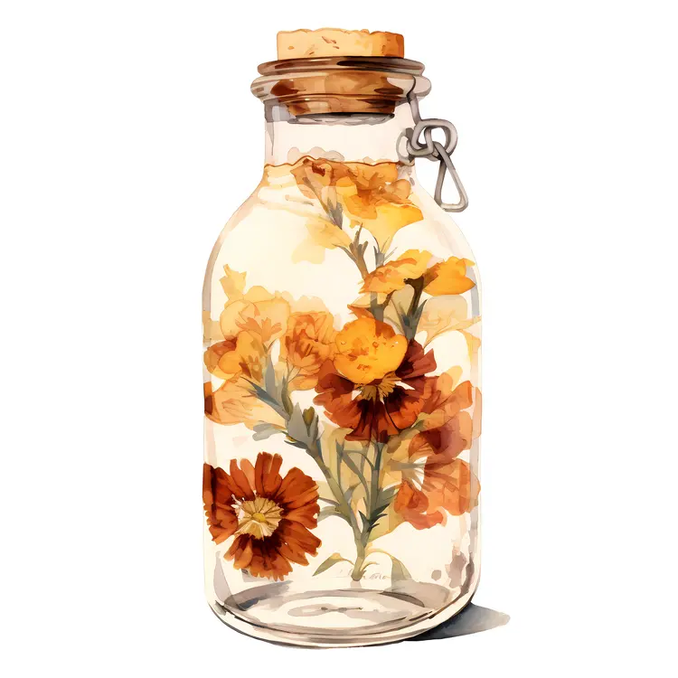 Orange Flowers in Glass Bottle