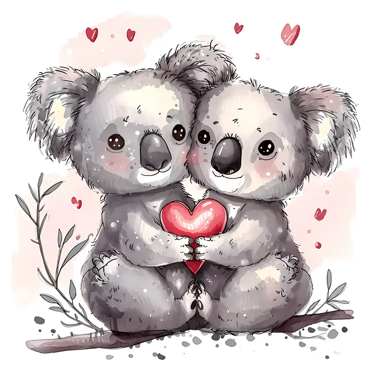 Koalas Holding a Heart in Watercolor Style