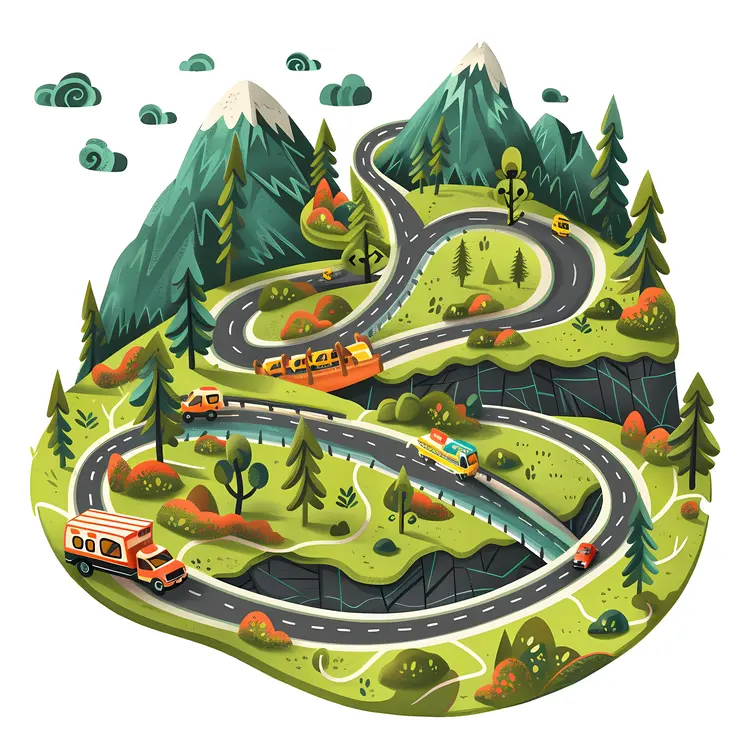 Winding Mountain Road with Vehicles