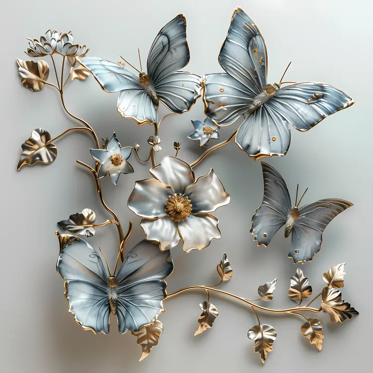 Elegant White and Gold Butterflies with Flowers