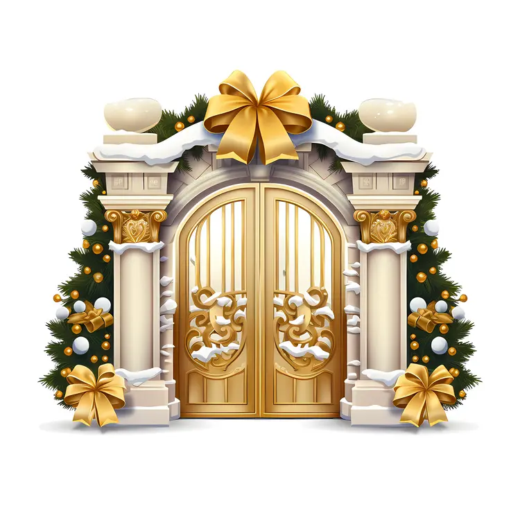 Golden Door with Christmas Decorations and Bow