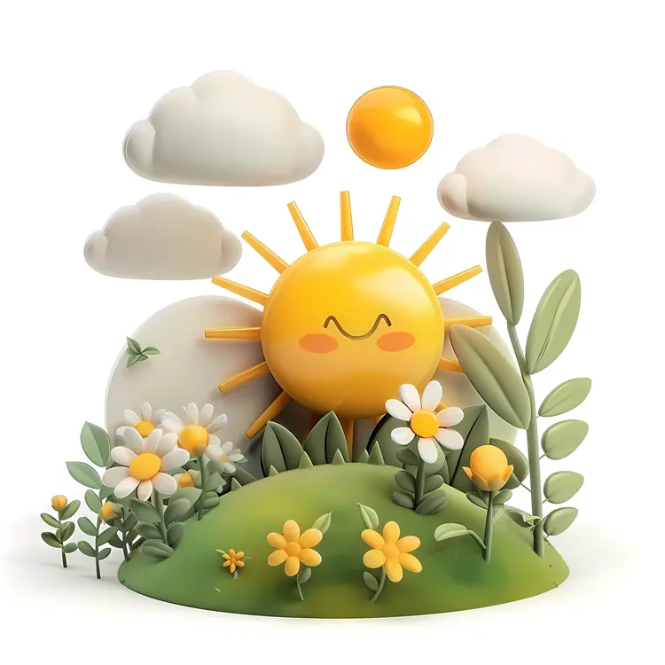Cute Sun with Flowers and Clouds