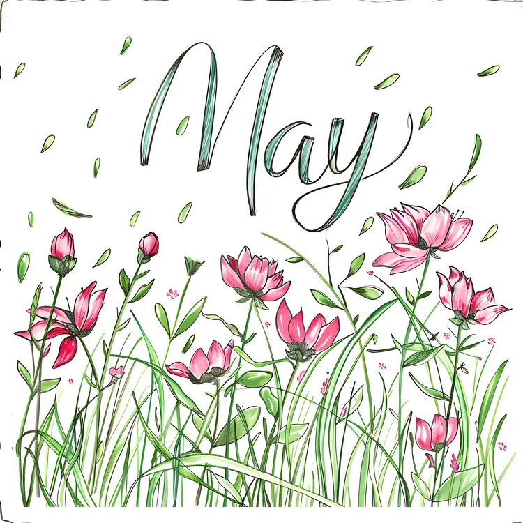 May with Pink Flowers and Green Grass