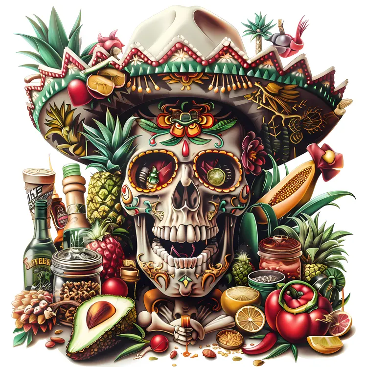 Decorated Skull with Sombrero and Fruits