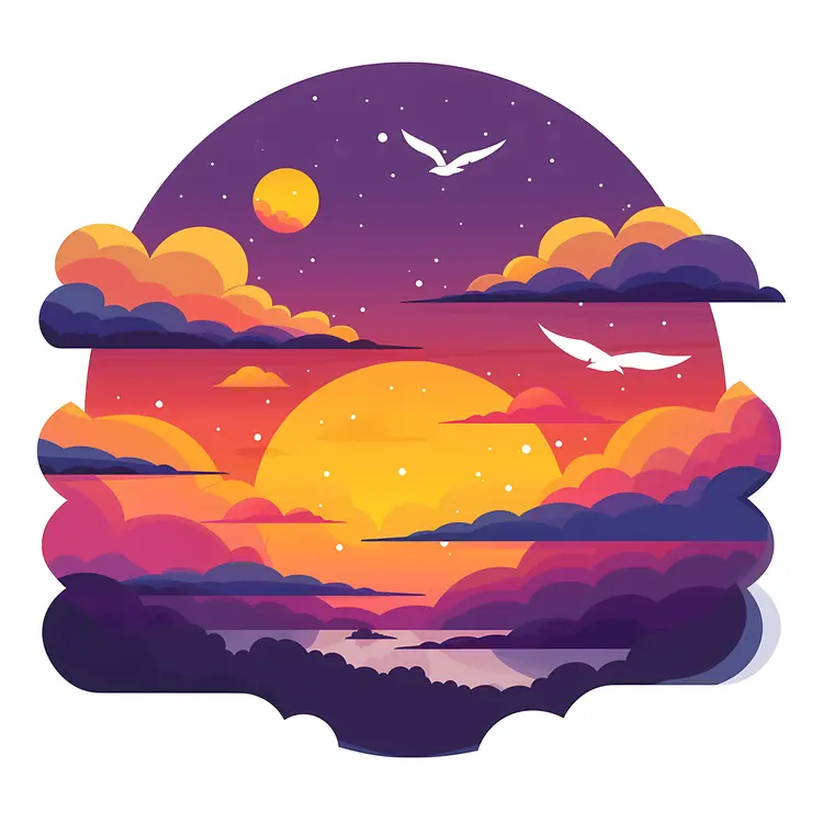Sunset with Colorful Clouds and Birds