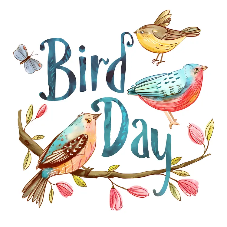 Bird Day Illustration with Birds and Flowers