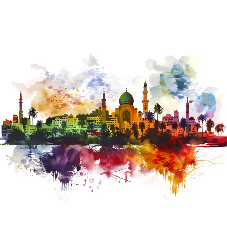Vibrant Mosque Cityscape with Palm Trees