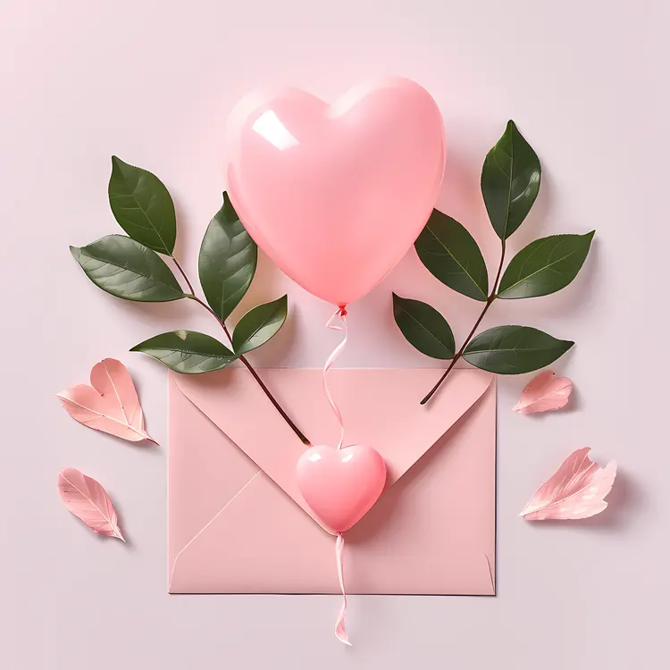 Heart Balloon and Envelope with Leaves and Petals