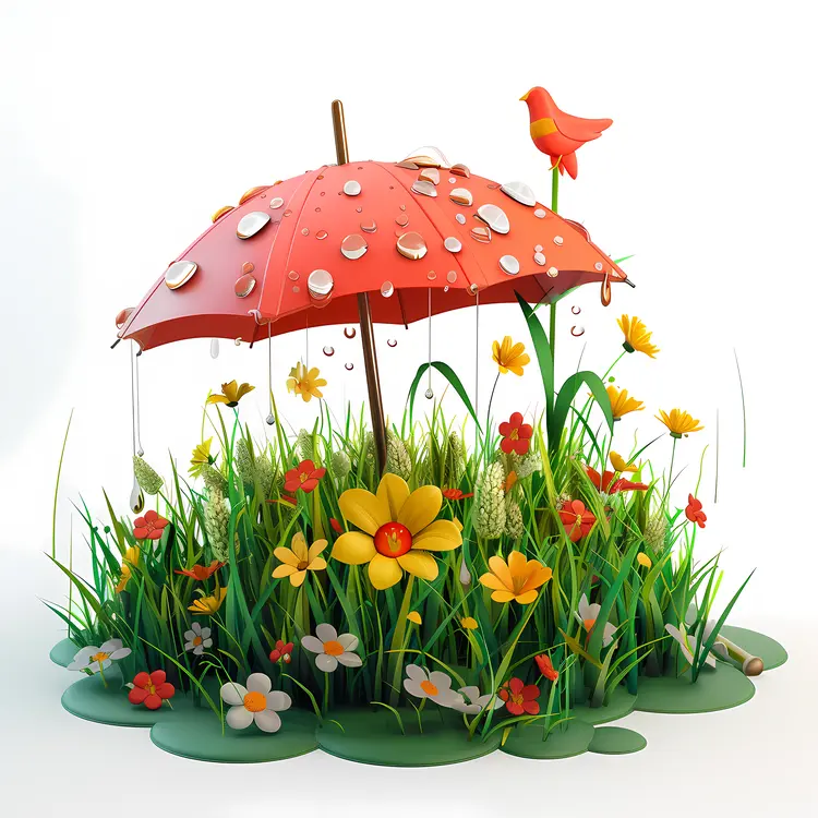 Red Umbrella with Flowers and Bird
