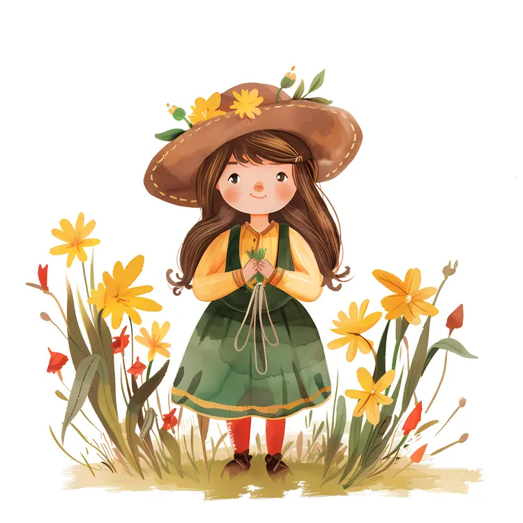Girl in Green Dress with Flowers