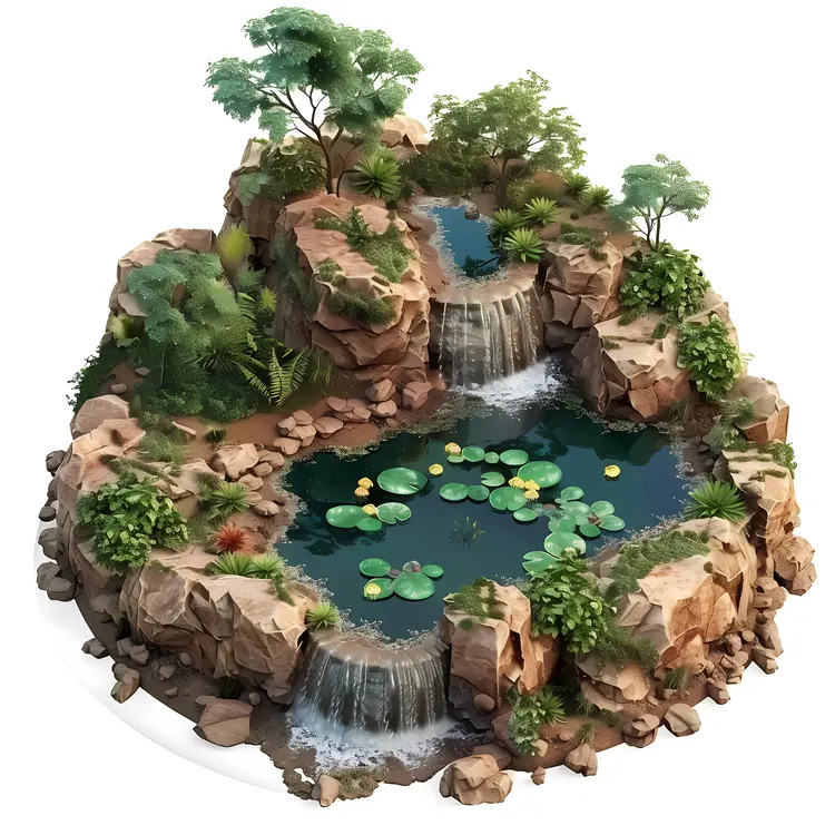 Rocky Pond with Waterfall and Greenery