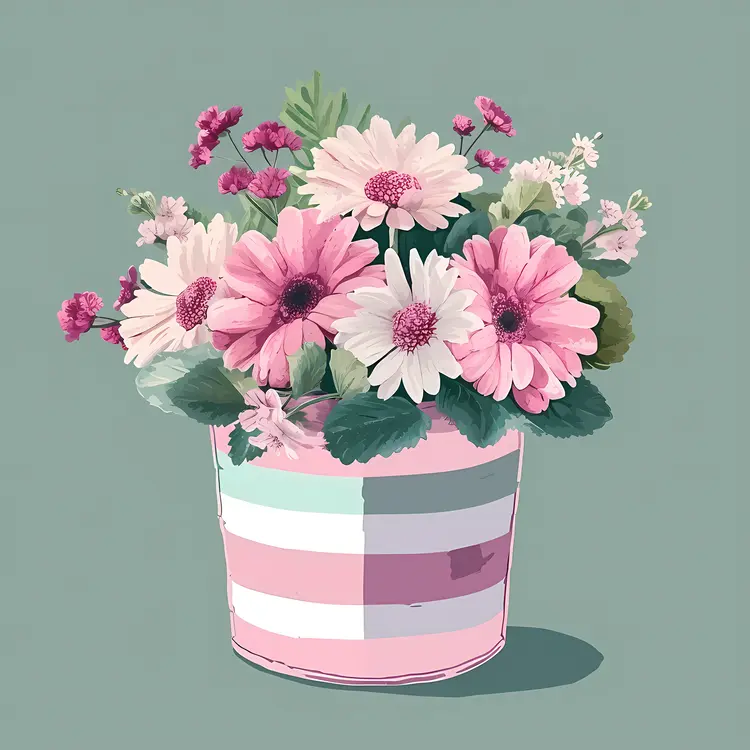 Pink and White Gerberas in Striped Bucket