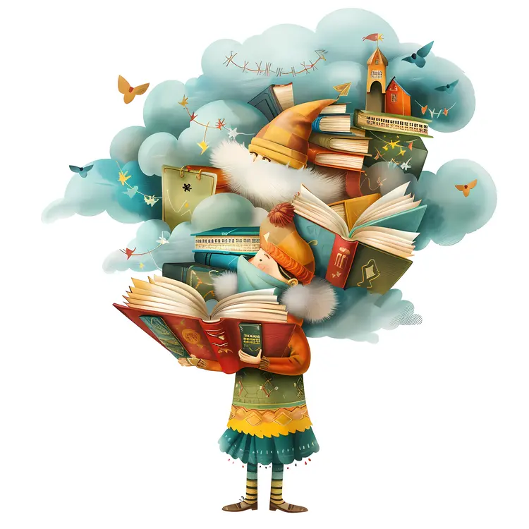 Child Reading Books with Imaginative Cloud