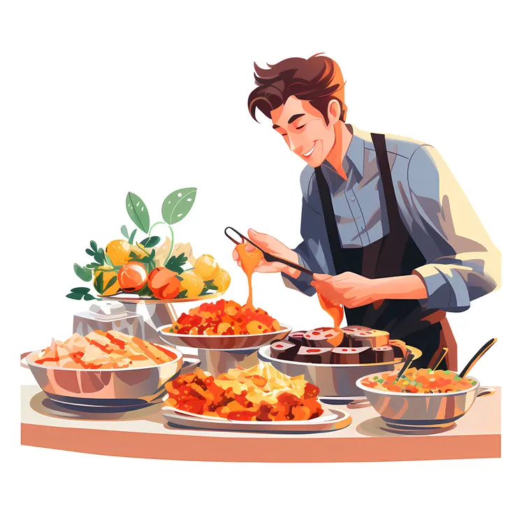 Man Serving Food at Buffet Table