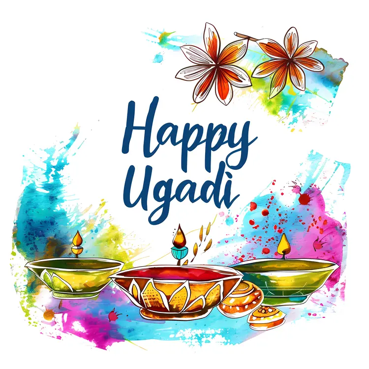 Happy Ugadi Greeting with Lamps and Flowers