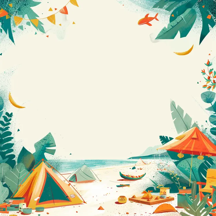 Beach Camping Scene with Tents and Sea