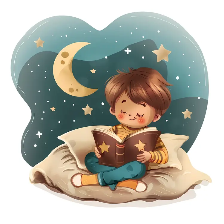 Boy Reading a Book at Night