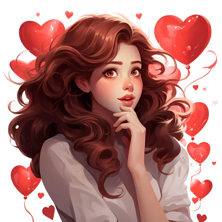 Girl Thinking with Red Heart Balloons