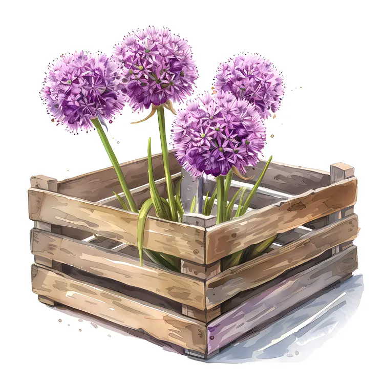 Purple Allium Flowers in Wooden Box