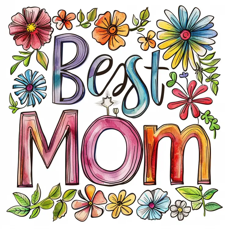 Colorful Best Mom Text with Flowers