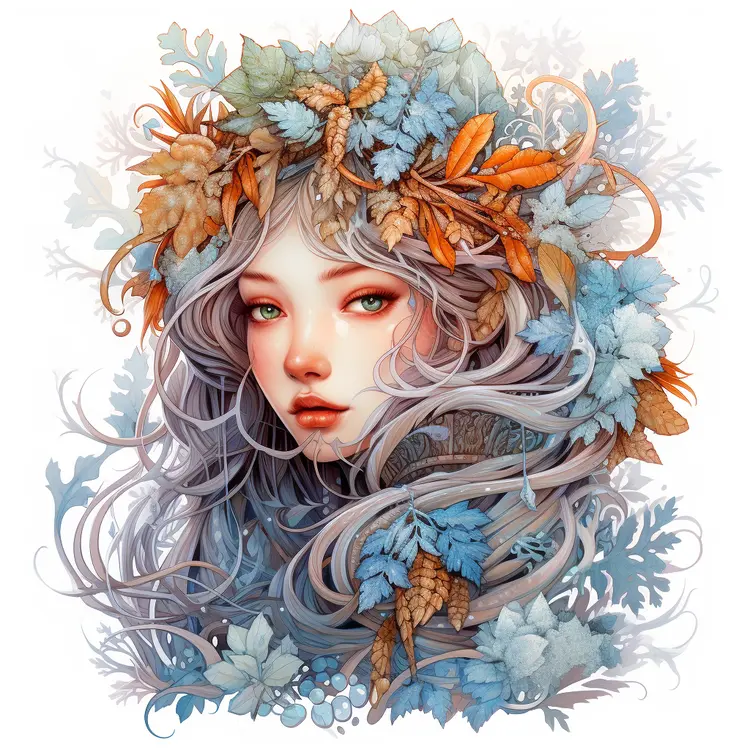 Winter Girl Portrait with Leaves