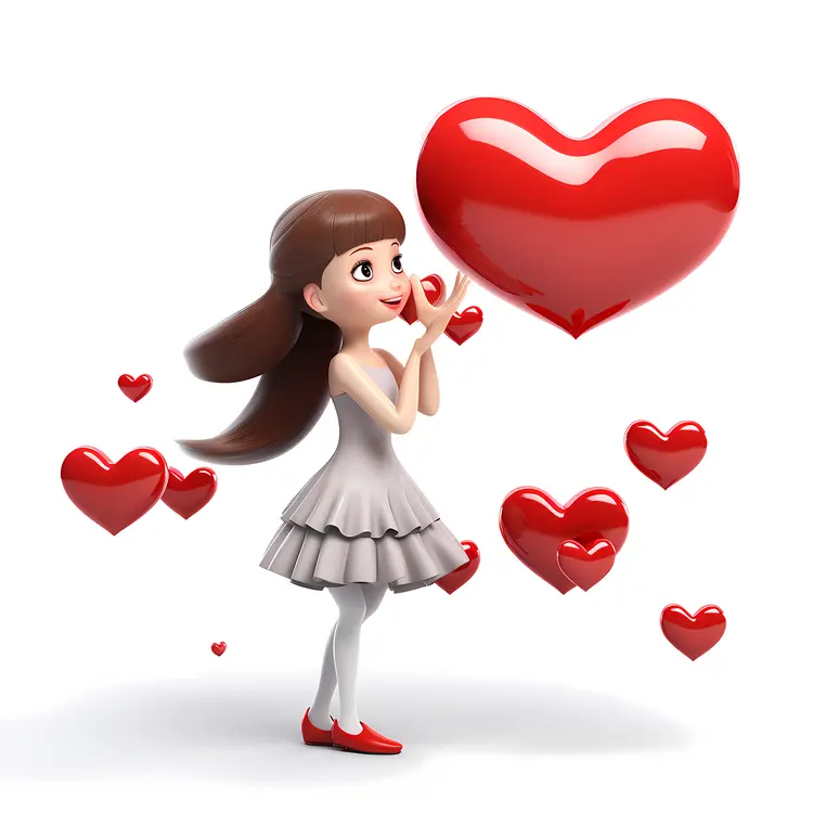 3D Girl with Heart Balloons