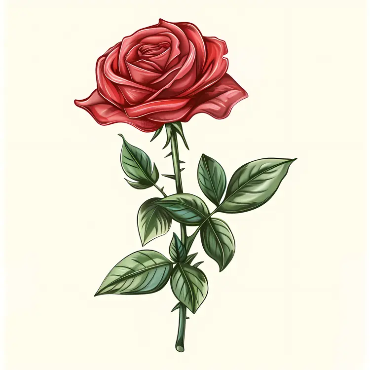 Red Rose with Stem and Leaves