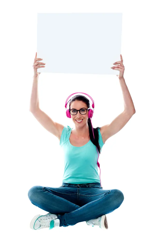 Woman with Blank Sign and Headphones