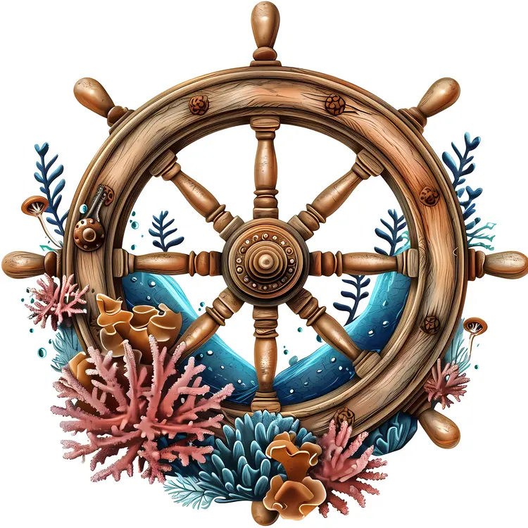 Wooden Ship Wheel with Marine Life