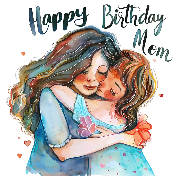 Happy Birthday Mom Card with Hugging Illustration