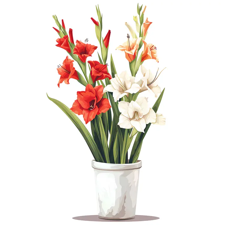 Red and White Gladiolus in White Pot